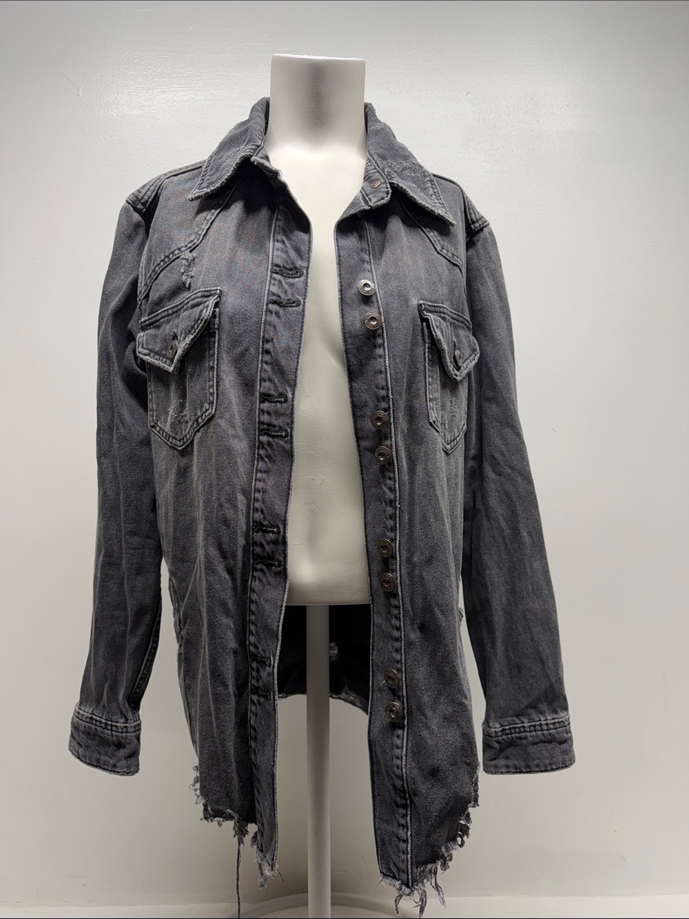 Free People Washed Black Distressed Oversized Denim Jacket - Picture 2 of 11